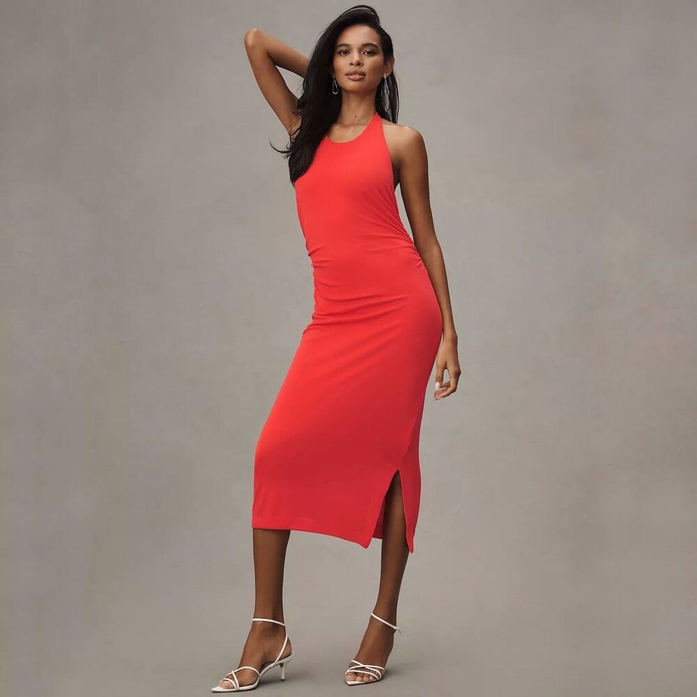 NWOT Anthropologie Slinky Knit Halter Dress In Orange Red Size Medium